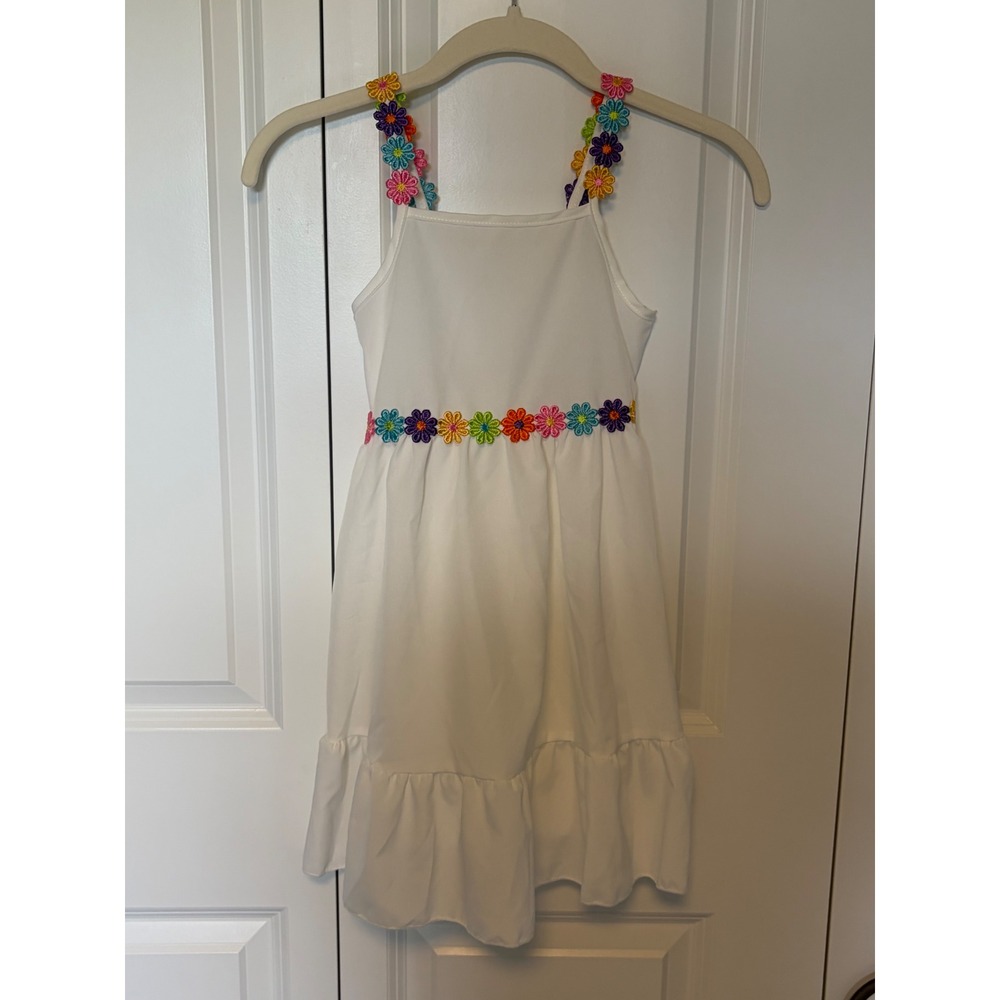 Girls White Sleeveless Sundress with Rainbow‎ Floral Applique Trim Size 6Y